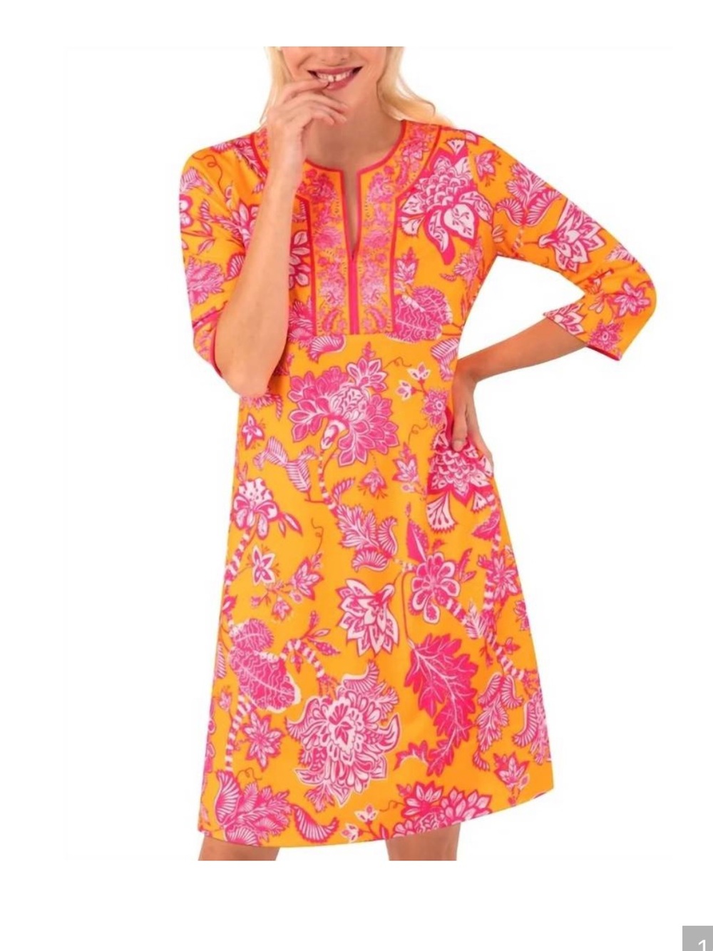 Gretchen Scott Designs jersey split neck dress in pink and orange medium